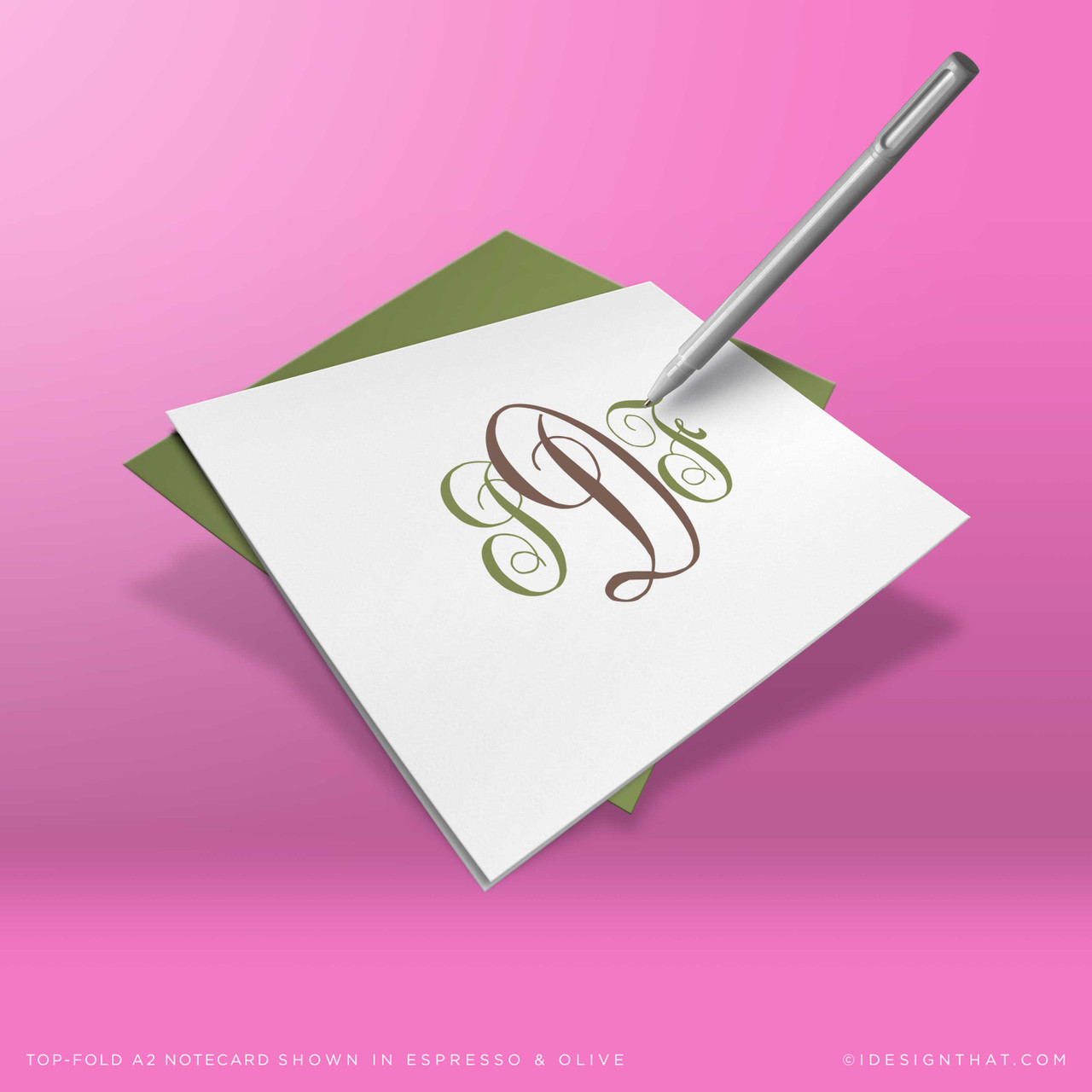 Traditional Script folded stationery set with two ink colors and room inside for handwritten messages.